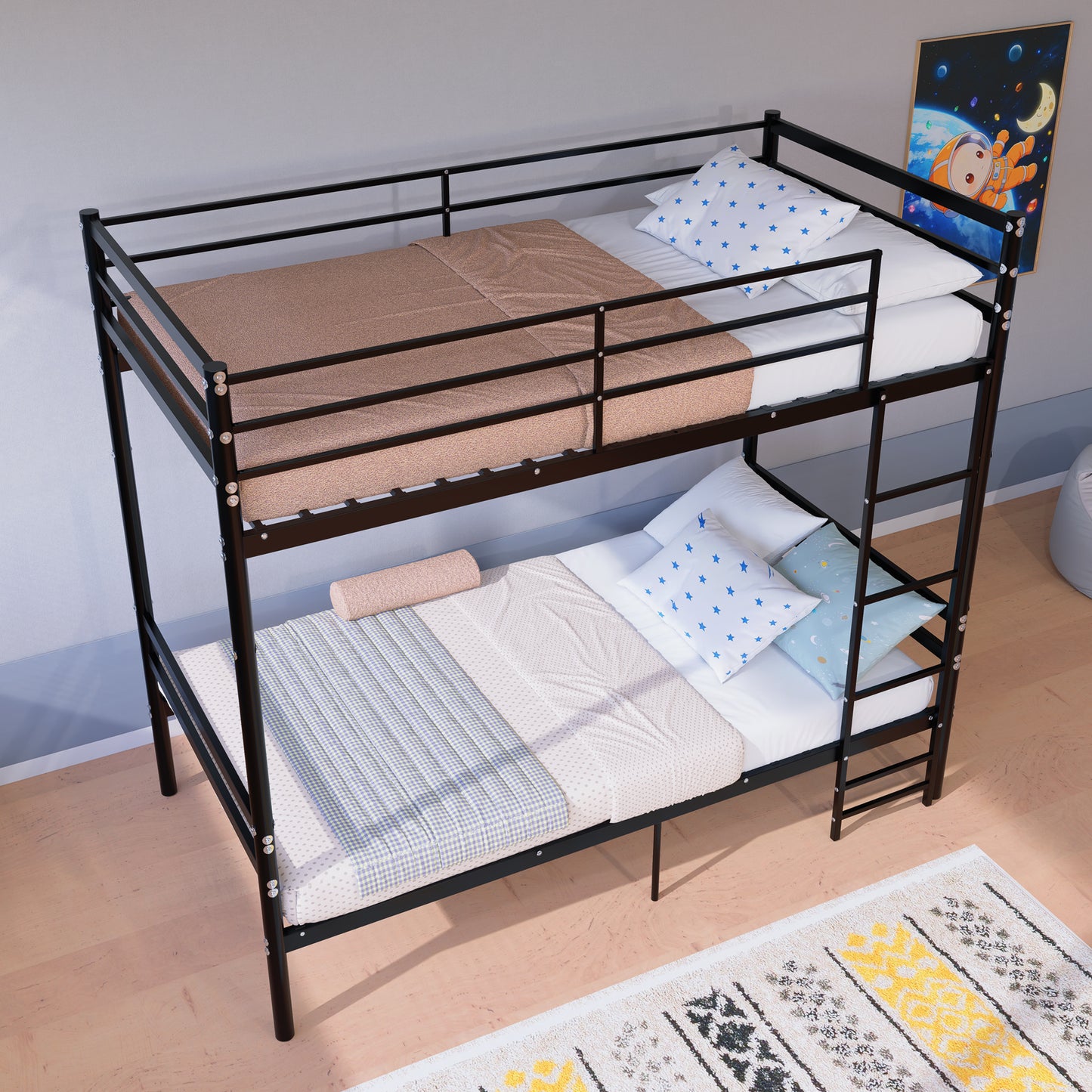 Bunk Bed Twin Over Twin for Kids/Teens/Adults Duty,13.7 inch High Safety Guardrail,One layer with 19 bars and support 600LBS, Sturdy Ladder, Big storage space under the bed,Convertible 2 Beds,Black image 1