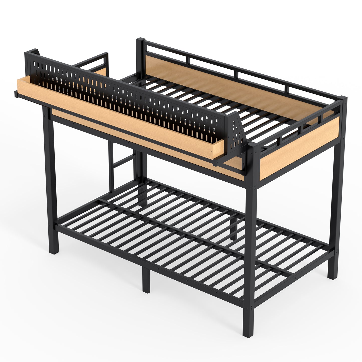 Twin XL over Twin XL Size Metal Bunk Bed with Storage Shelves and Pegboard, Bunk Bed Frame with USB Ports and LED Lights, Space-Saving, for Teens and Adults, Natural image 9
