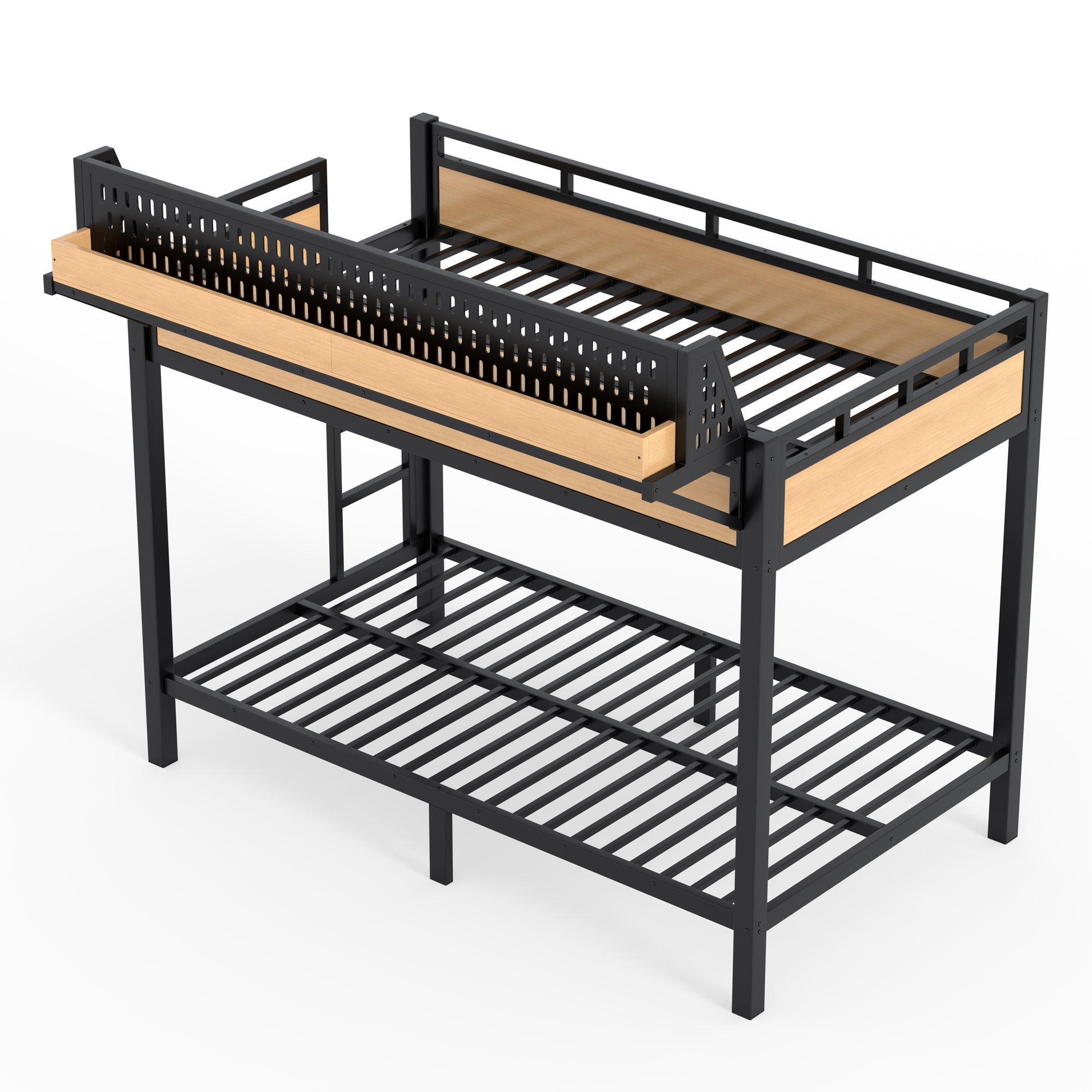 Twin XL over Twin XL Size Metal Bunk Bed with Storage Shelves and Pegboard, Bunk Bed Frame with USB Ports and LED Lights, Space-Saving, for Teens and Adults, Natural image 9