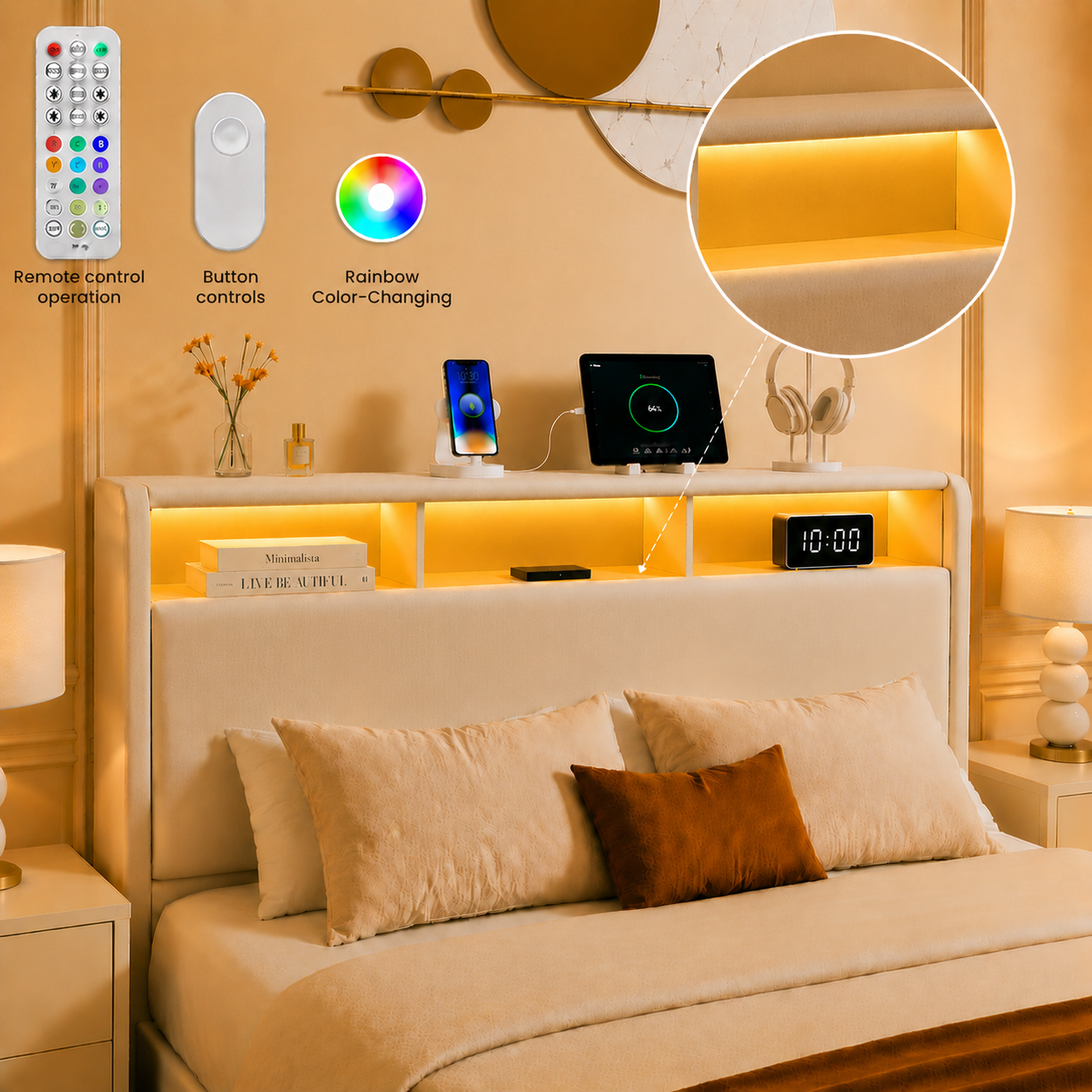 Full-size upholstered bed with drawers, featuring an upholstered storage headboard, heavy metal crossbar support, LED and USB charging, silent design, beige (mattress not included) image 5