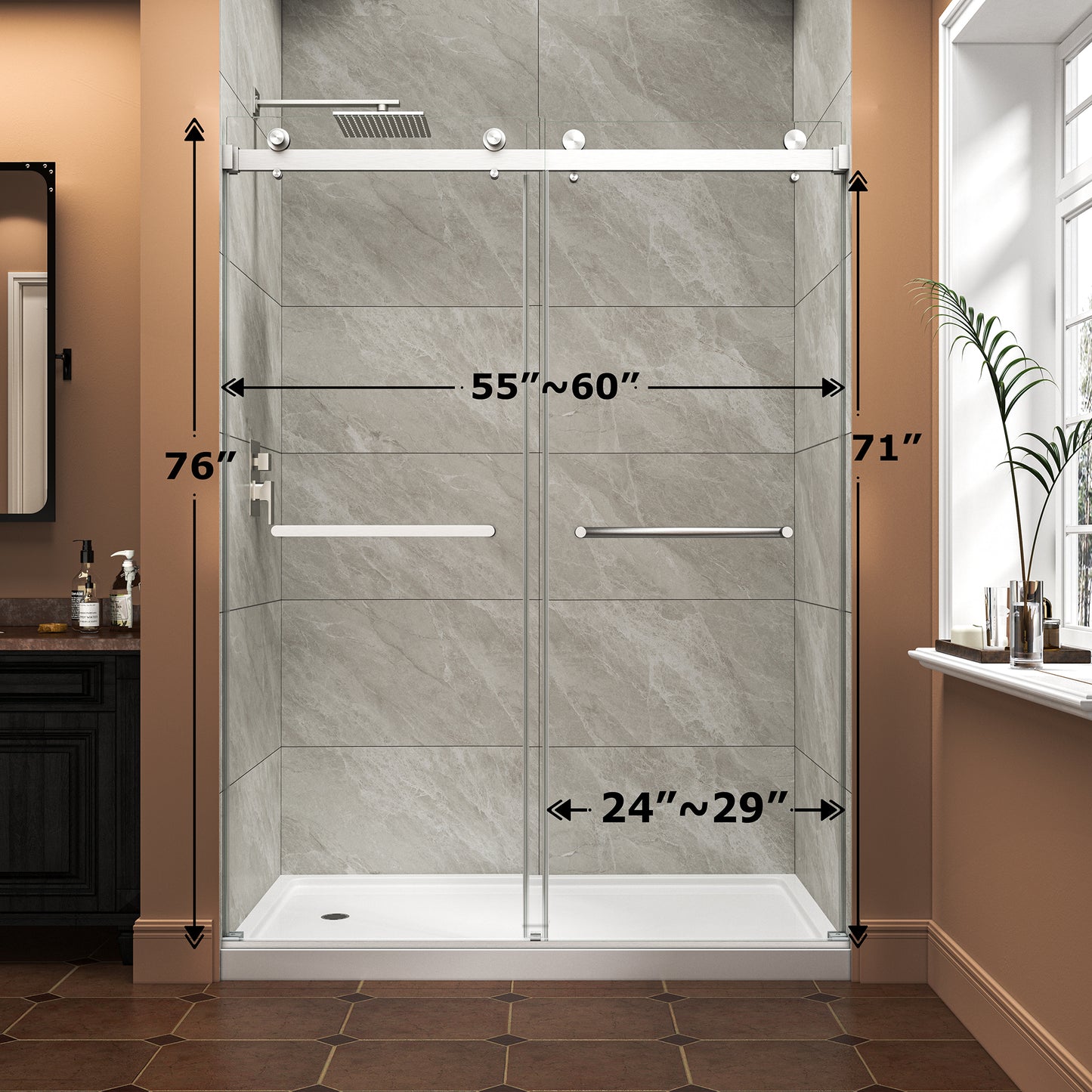 55"-60" W x 76" H Brushed Nickel Reversible Installation Double Bypass Sliding Shower Door Easy Installation Frameless Shower Door,5/16"(8MM) Tempered Glass With Nano Explosion-proof Film image 3