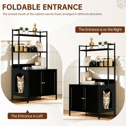 Metal Cat Litter Box Enclosure, 57" Tall Hidden Litter Box Cabinet with 3 Tier Storage Shelves, Large Indoor Cat House with Doors & 4 S-Hooks, Odor Control Pet Washroom Furniture for Large Cats, Black image 8