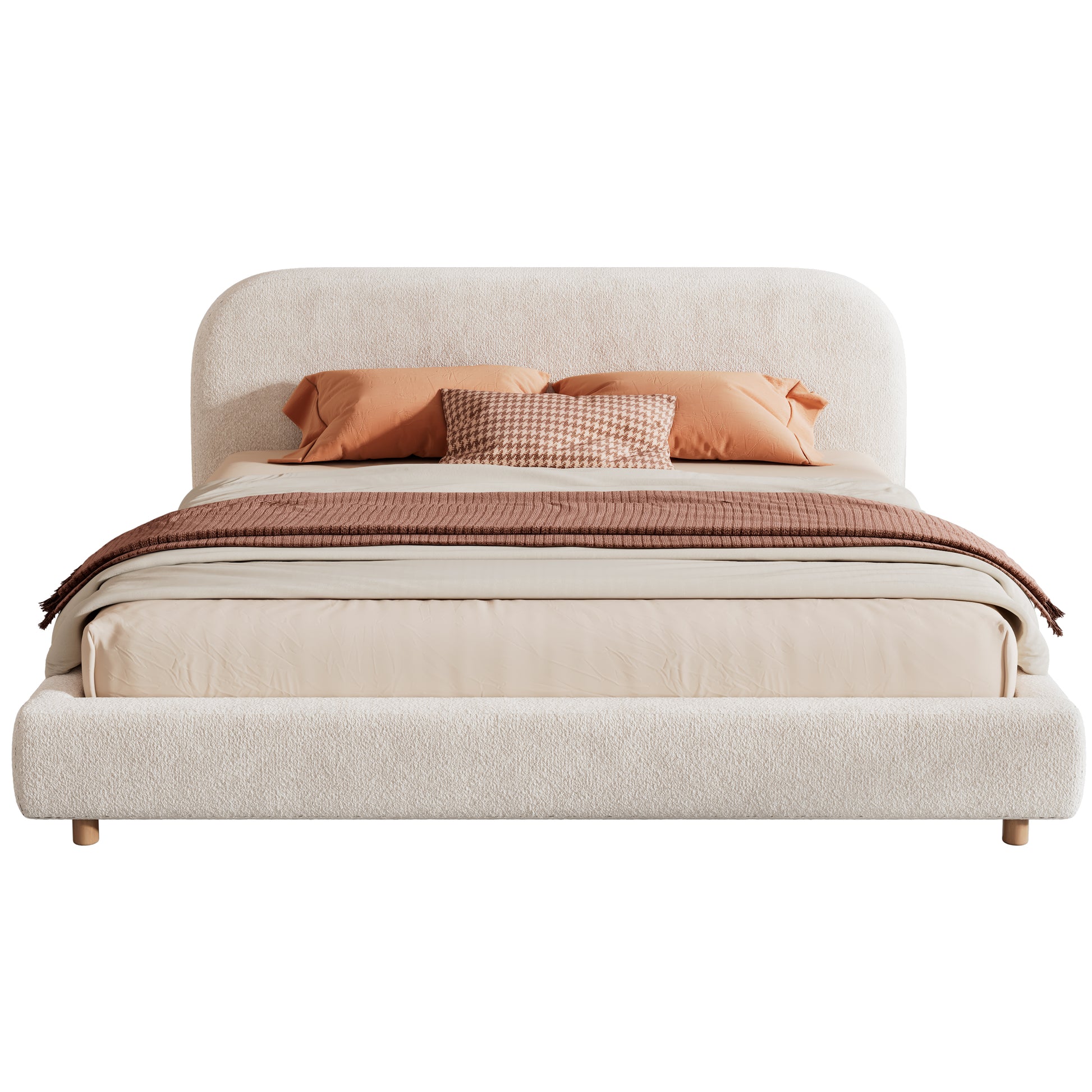 California King Size Upholstered Bed With Boucle Fabric,Curved-Shape Design Thick Headboard, Solid Wood Legs,White image 6