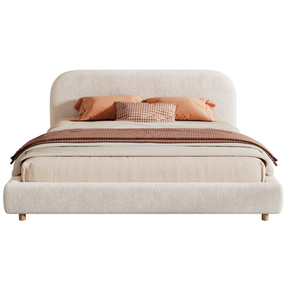 California King Size Upholstered Bed With Boucle Fabric,Curved-Shape Design Thick Headboard, Solid Wood Legs,White image 6