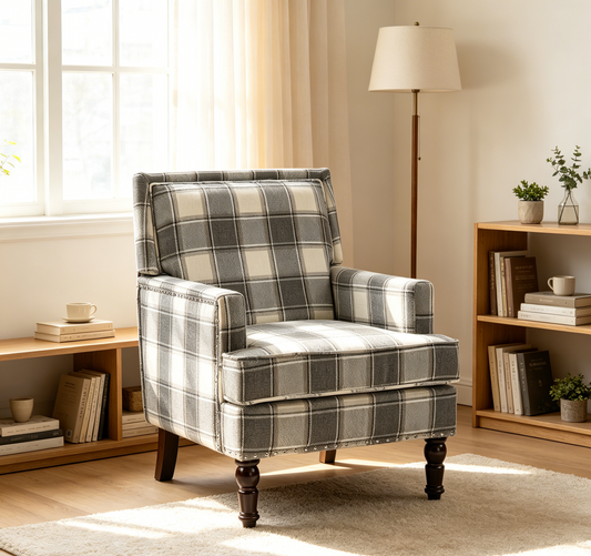 Upholstered Accent Chair, Vintage Armchair with Grey Linen Fabric and Nailhead Trim for Living Room image 1
