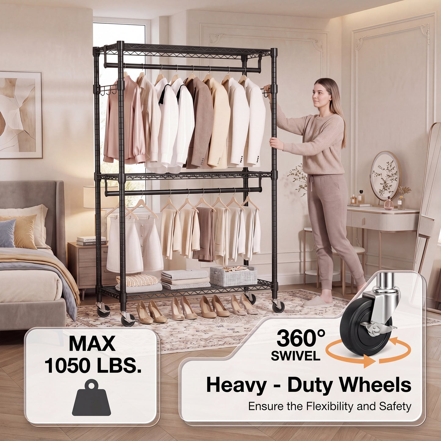 Heavy Duty Rolling Garment Rack 3 Tiers Adjustable Wire Shelving Clothes Rack with 2 Rods and Side Hooks,Storage Closet Clothing Rack with Wheels Black 15.7" D x 29.5" W x 74.5" H image 2