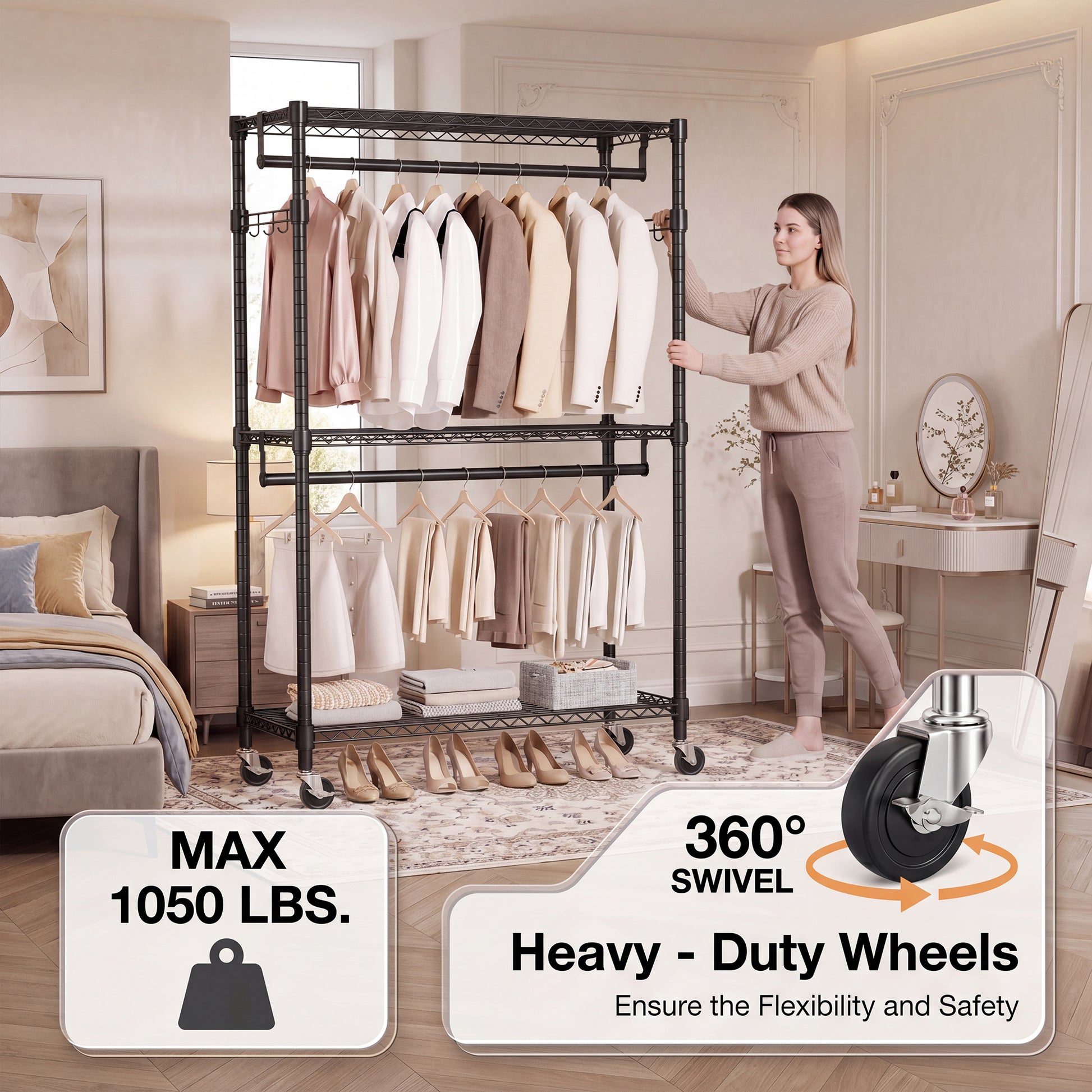 Heavy Duty Rolling Garment Rack 3 Tiers Adjustable Wire Shelving Clothes Rack with 2 Rods and Side Hooks,Storage Closet Clothing Rack with Wheels Black 15.7" D x 29.5" W x 74.5" H image 2