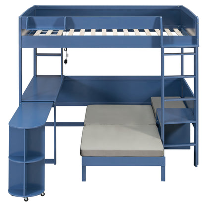 Full Size Wood Loft Bed with Desk, Bedside Storage Shelf, Sofa and Light, Navy Blue image 5