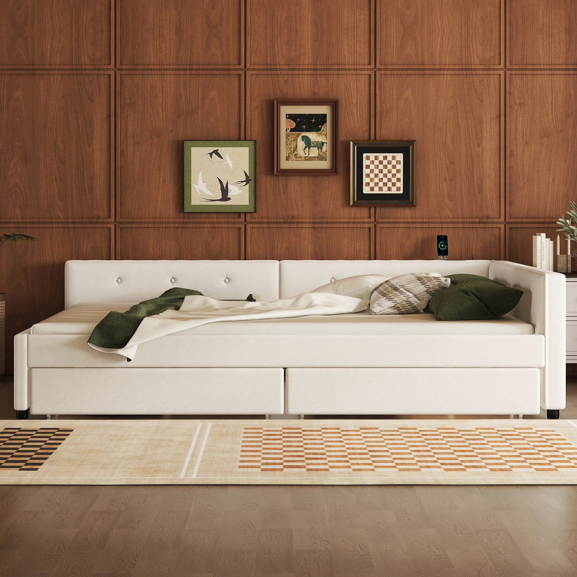 Queen Size Upholstered Platform Bed with USB and 2 Drawers, Beige image 3