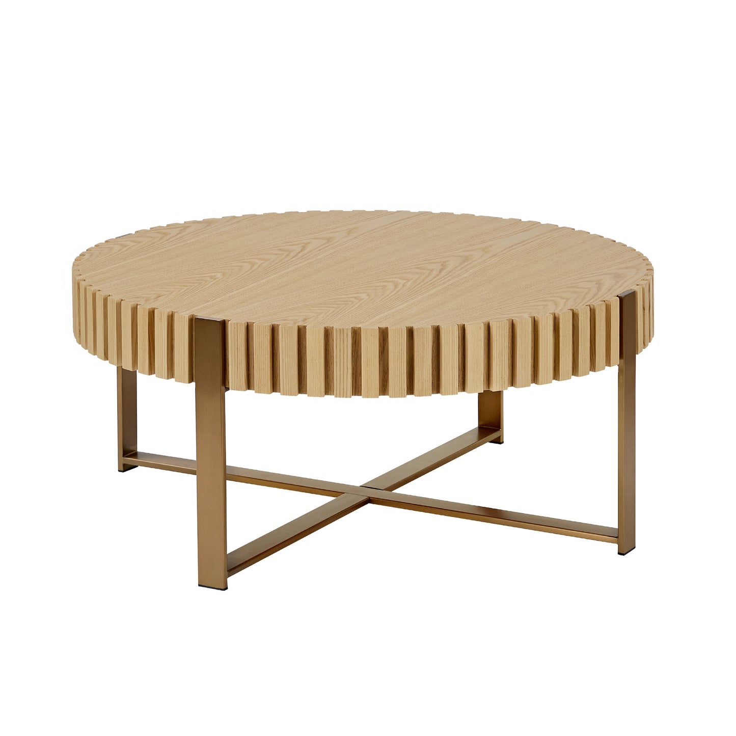 Modern Handcraft Drum Coffee Table 31.5 inch Round Coffee Table for Living Room,Small Coffee Table with Sturdy Pedestal,Natural Ash image 2