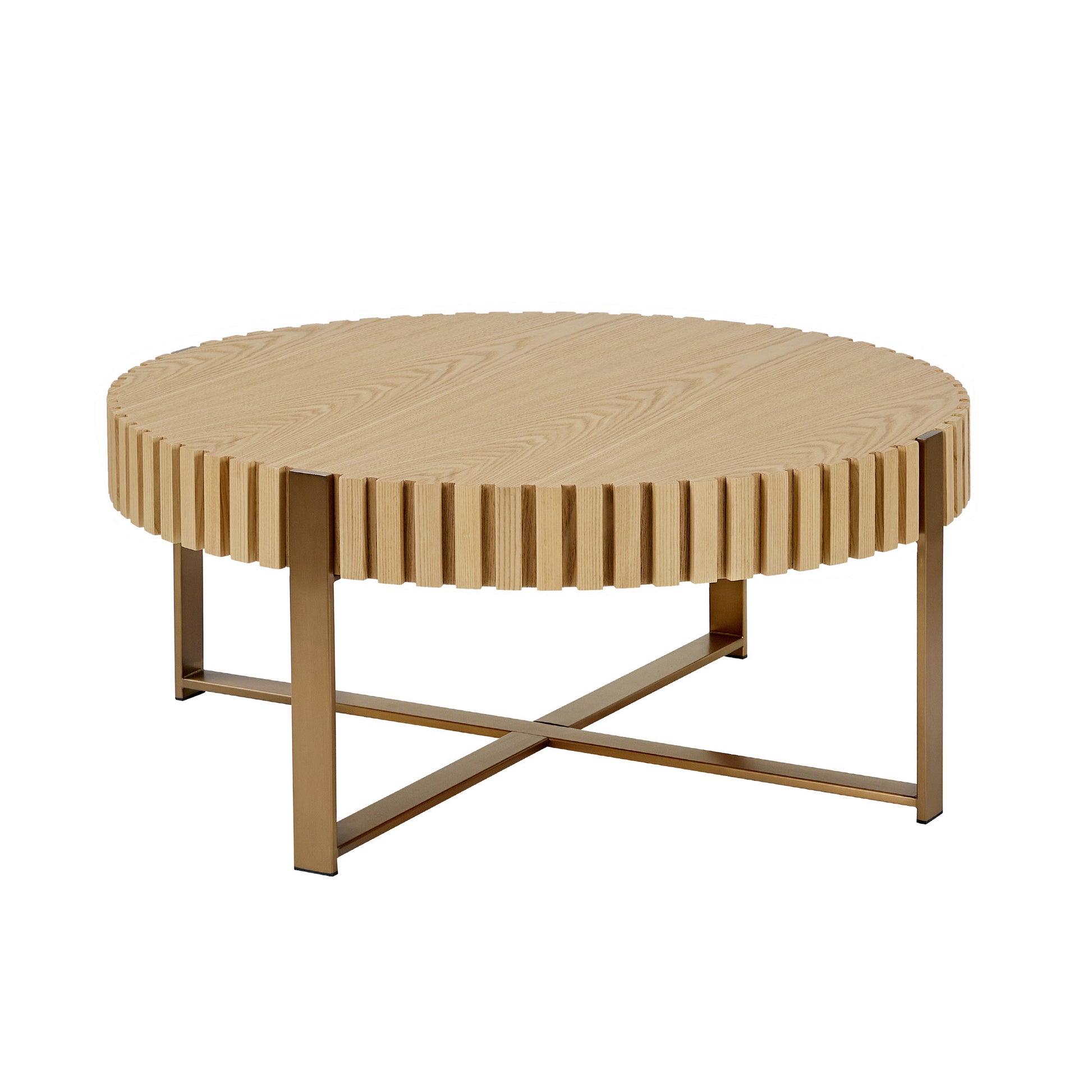 Modern Handcraft Drum Coffee Table 31.5 inch Round Coffee Table for Living Room,Small Coffee Table with Sturdy Pedestal,Natural Ash image 2