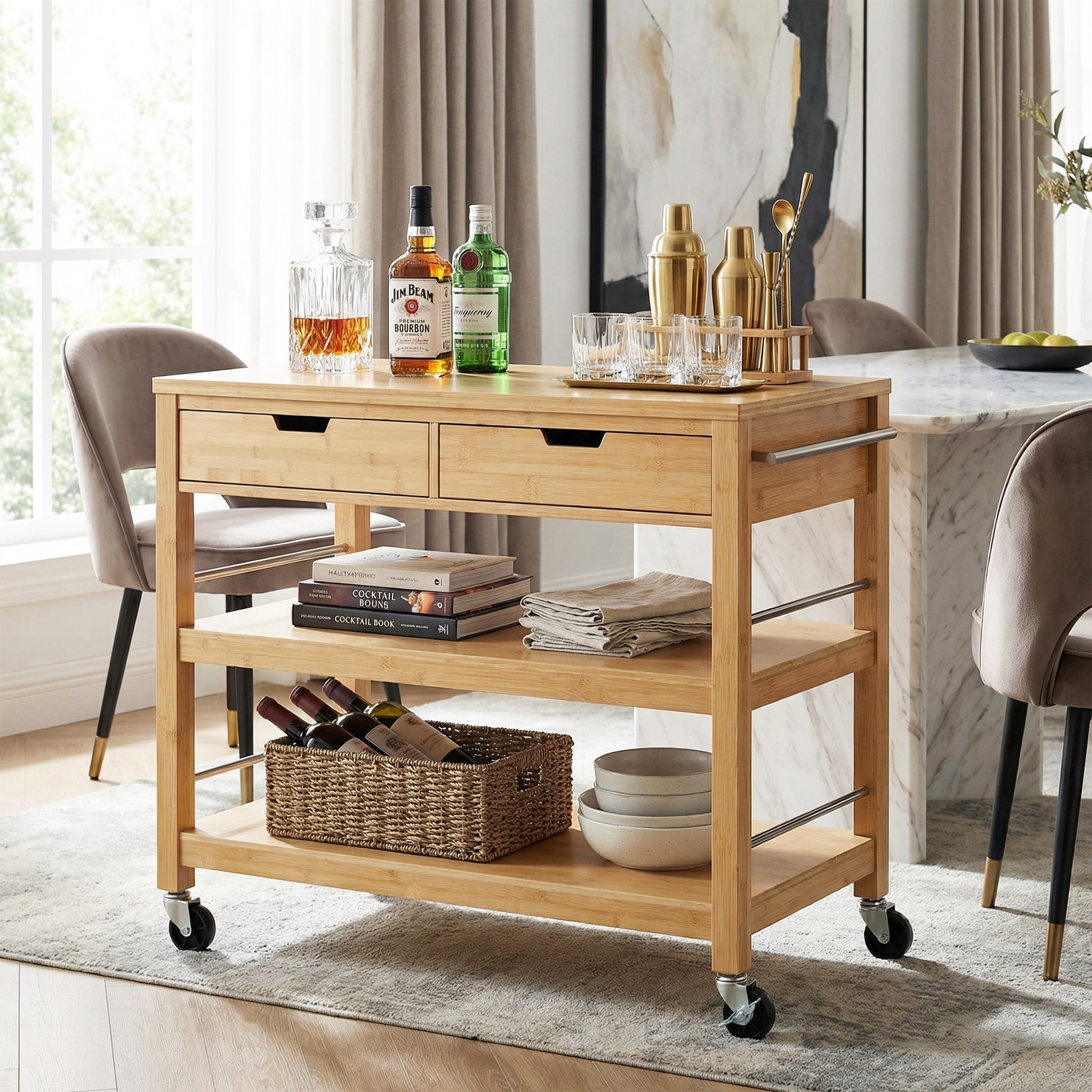 Indoor Multifunctional Natural Bamboo Bar Cart with Locking Wheels, Drawers, and Open Shelves - Ideal for Kitchen, Dining, and Entertaining image 2