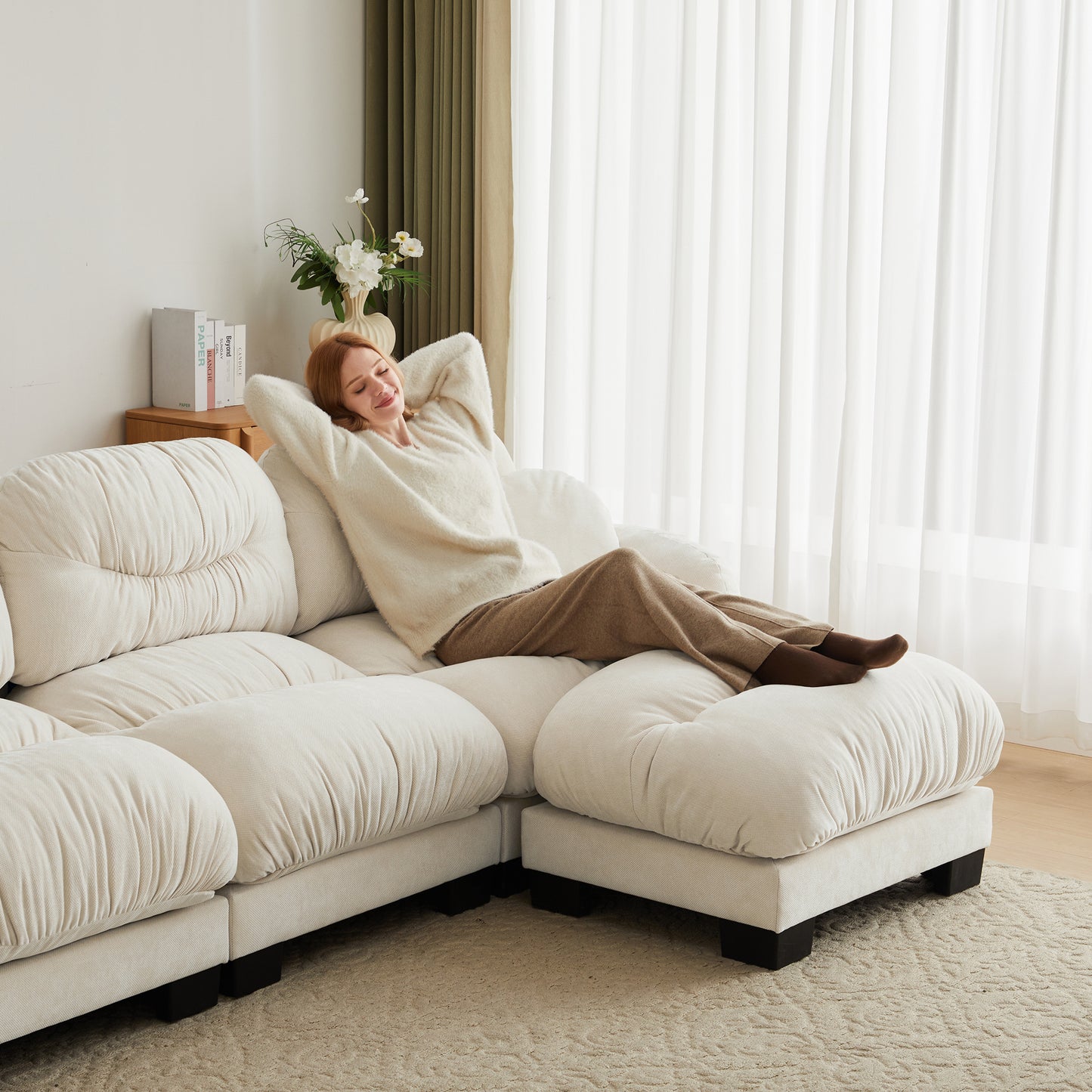 Pleated Design Cozy Chenille Fabric 2 Seater Modular Sofa with High-Density Ergonomic Foam Seat, Curved Round Armrests and 2 Round Throw Pillows,Beige image 10