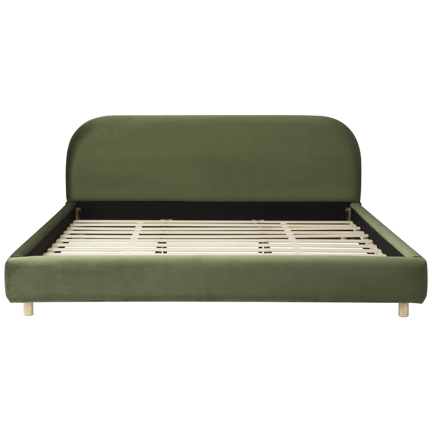 California King Size Upholstered Bed Frame With Velvet Fabric And Curve Design Thick Headboard, Solid Wood Legs, Olive Green image 7