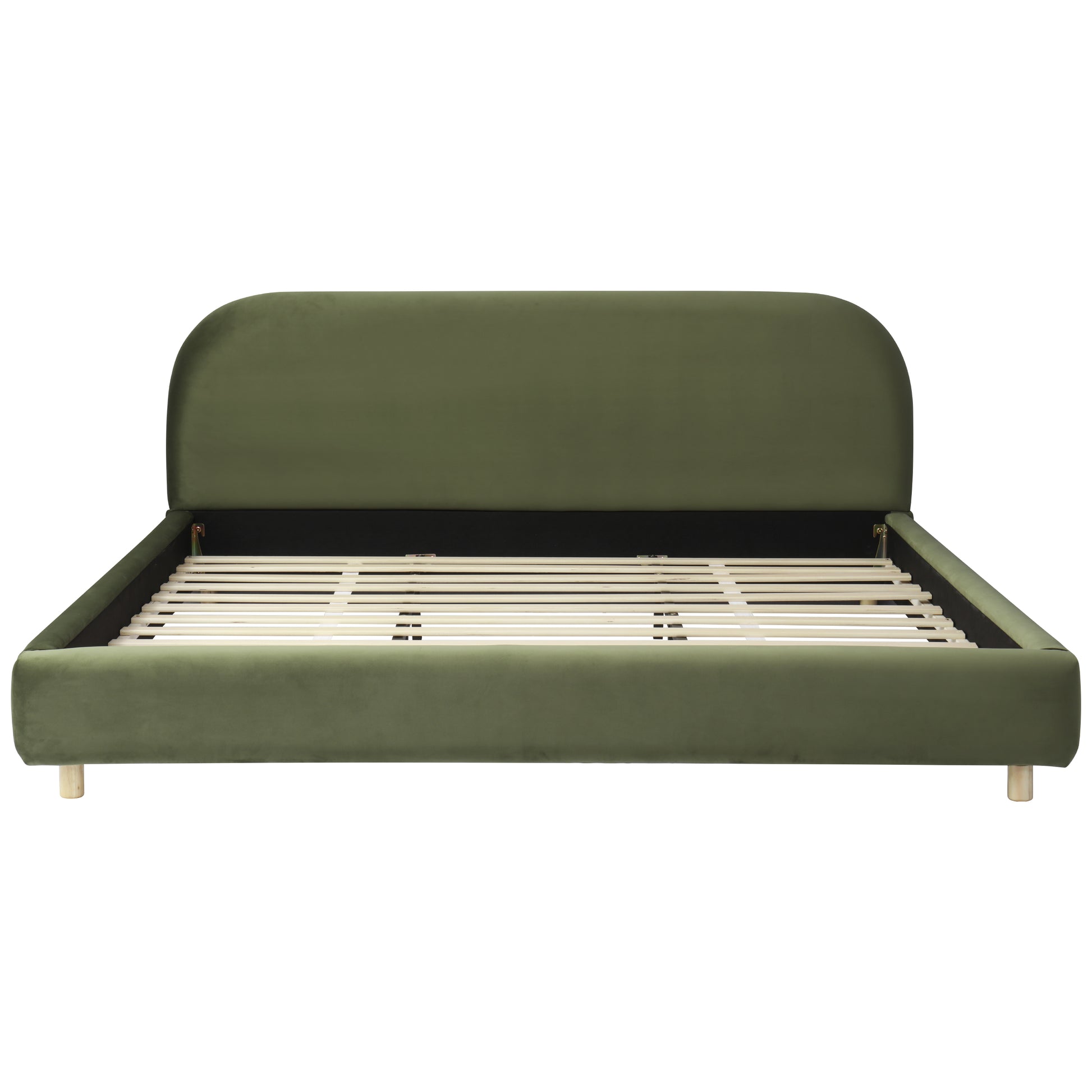 California King Size Upholstered Bed Frame With Velvet Fabric And Curve Design Thick Headboard, Solid Wood Legs, Olive Green image 7