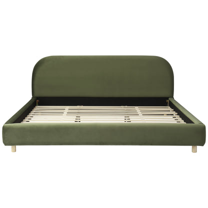 California King Size Upholstered Bed Frame With Velvet Fabric And Curve Design Thick Headboard, Solid Wood Legs, Olive Green image 7