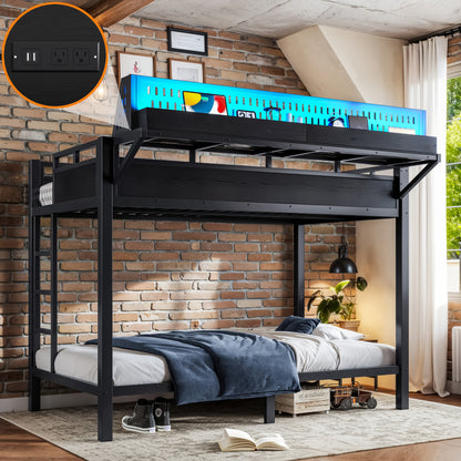 Twin XL over Twin XL Size Metal Bunk Bed with Storage Shelves and Pegboard, Bunk Bed Frame with USB Ports and LED Lights, Space-Saving, for Teens and Adults, Black image 1