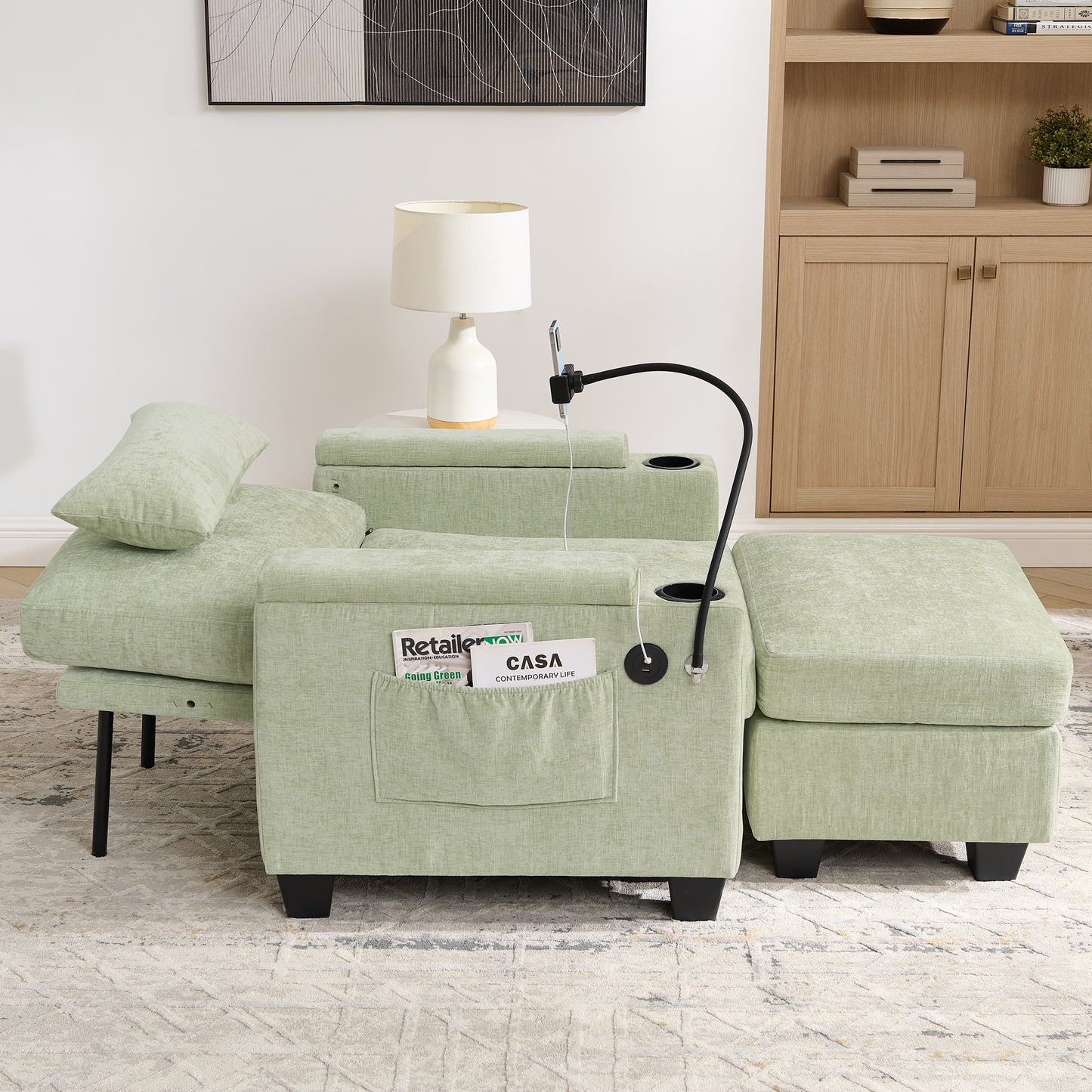 Single sofa recliner with manually adjustable backrest, USB charging port on the armrest side, phone stand included, hidden armrest storage, and a matching storage ottoman-Cyan image 4