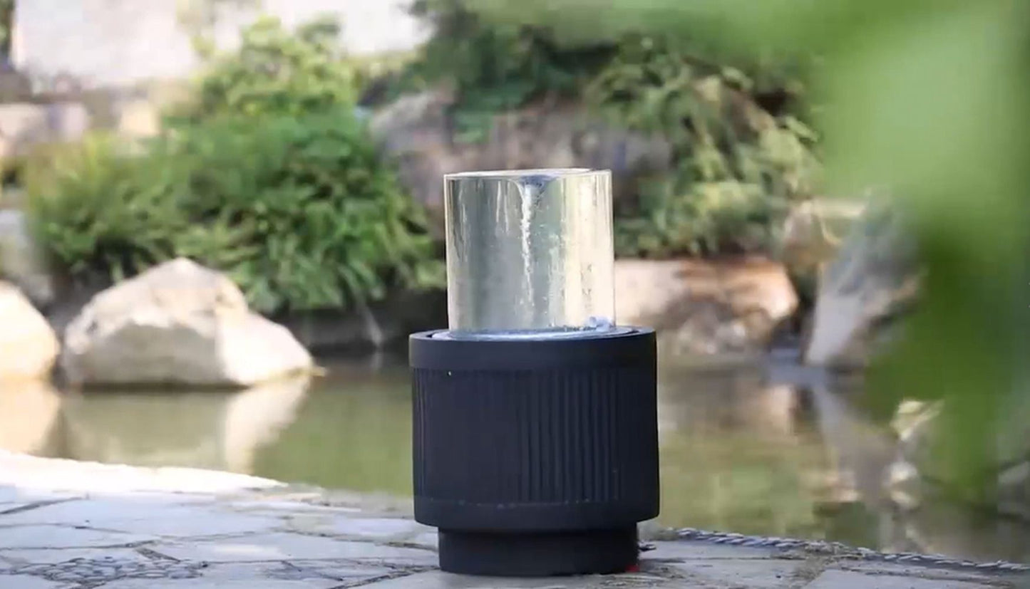 20x20x19.5 inch heavy cement round black ribbed outdoor water fountain with light - packaging