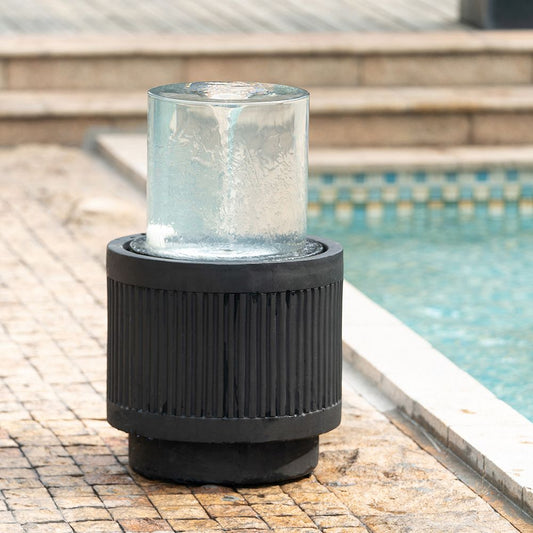 20x20x19.5 inch heavy cement round black ribbed outdoor water fountain with color-changing light - front view