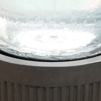 20x20x19.5 inch heavy cement round black ribbed outdoor water fountain with light - top view with glass