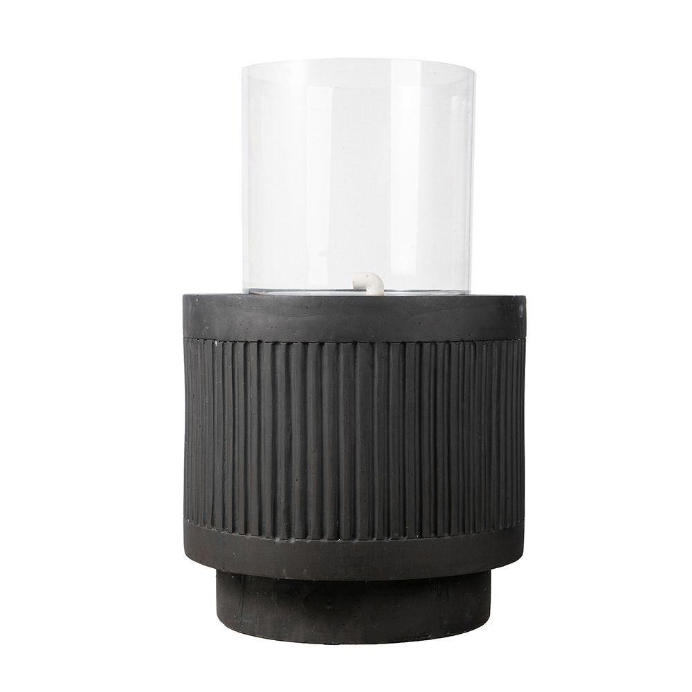 20x20x19.5 inch heavy cement round black ribbed outdoor water fountain with light - side view