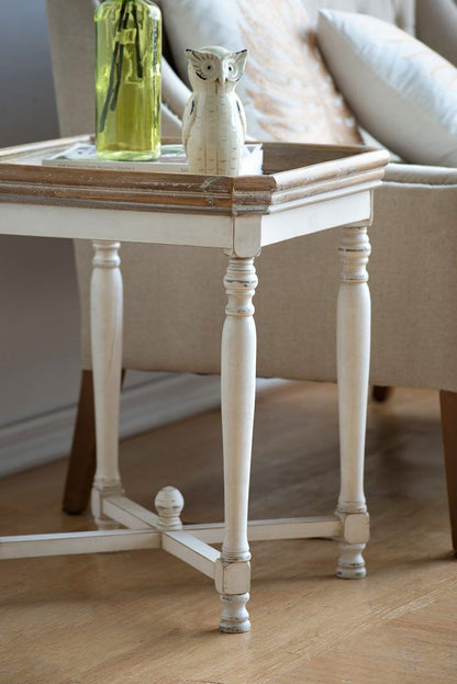 White and wood side table close-up - tray top
