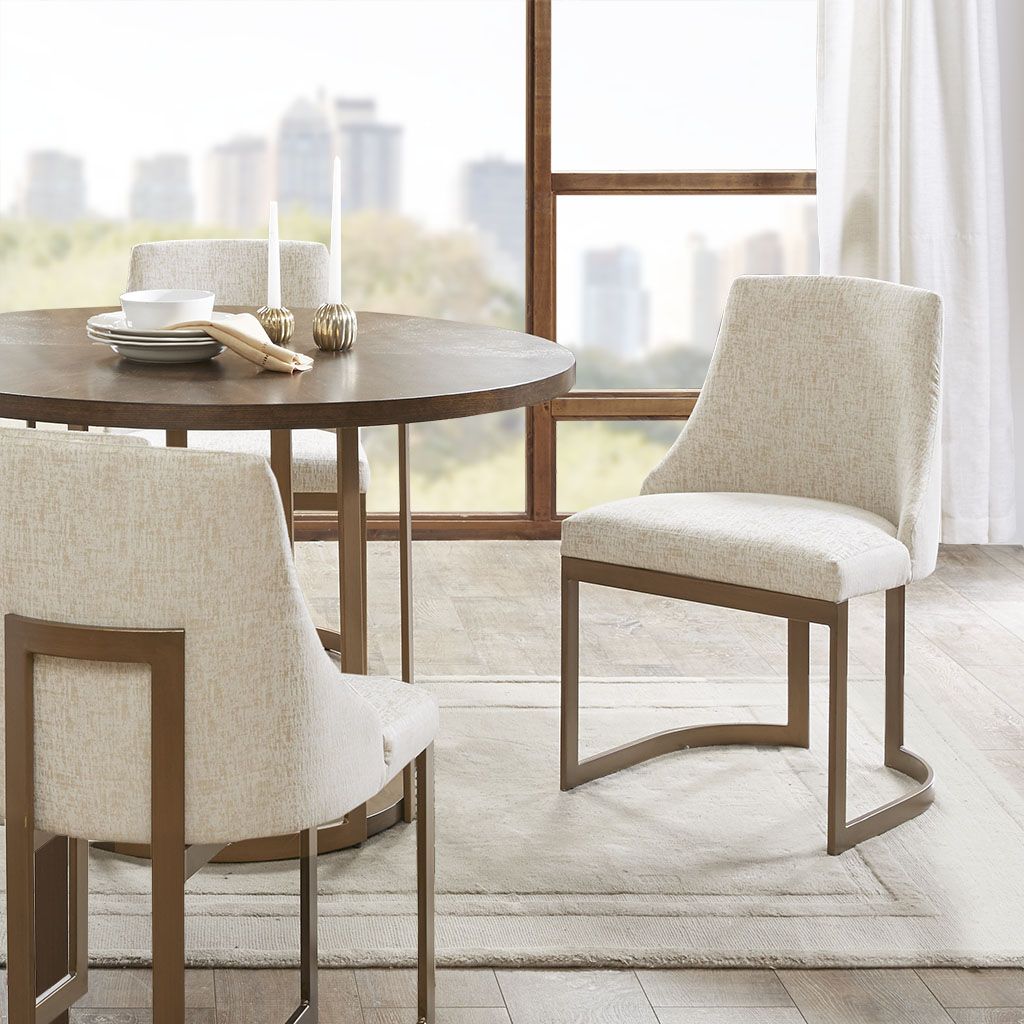 21'' Accent Dining Chairs, Antique Gold Metal Frame Back and Sled Leg Contemporary Modern Style for Kitchen Room, White, image 1
