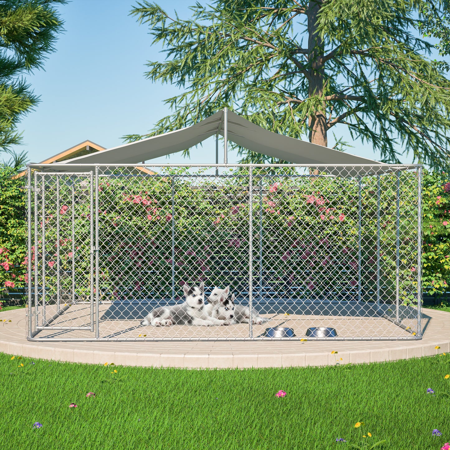 Heavy Duty Outdoor Dog Kennel 14.8x14.8x7.6 ft, Galvanized Chain Link Playpen with Waterproof Anti-UV Cover, Secure Lock, Large Exercise Pen for Puppy & Pets image 7