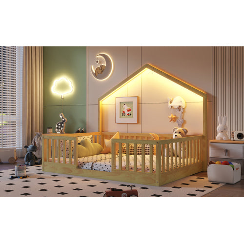 Full Floor Bed with High Rails, Wooden Montessori Bed with Light for Kids, Boys and Girls,Natural(Old SKUW2593P440609 Expect Arrival Date 2026/6/30) image 4