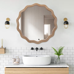 Elegant 23.62-Inch Round Wavy Wall Mirror - Wood Framed Decor