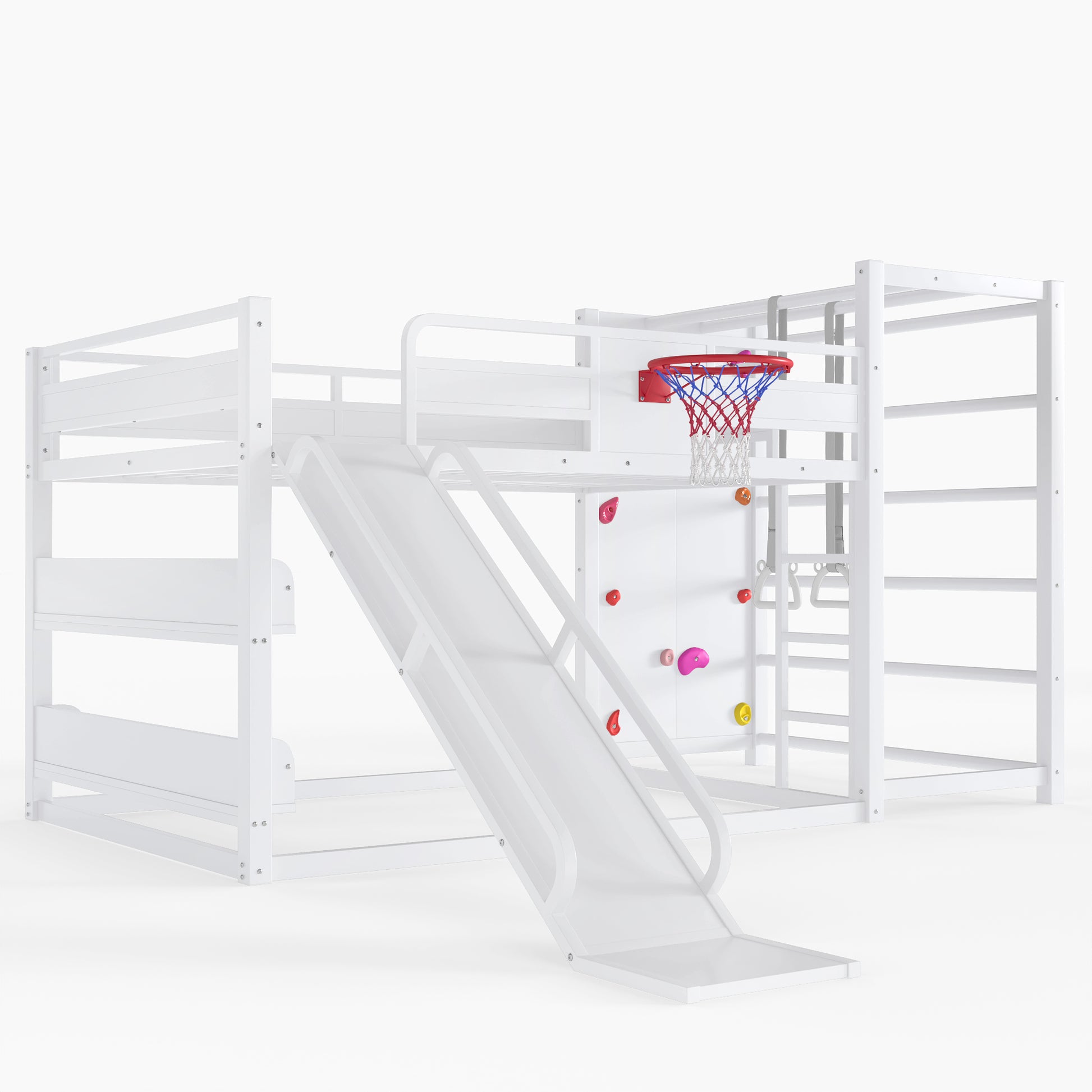 Full size metal loft bed with basketball hoop, pull-up rings, climbing wall, and built-in bookshelves. Playful children's design featuring a slide,White image 5