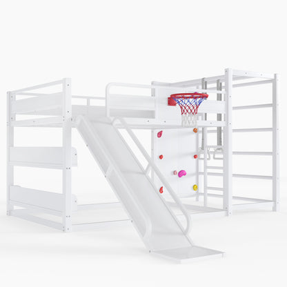 Full size metal loft bed with basketball hoop, pull-up rings, climbing wall, and built-in bookshelves. Playful children's design featuring a slide,White image 5