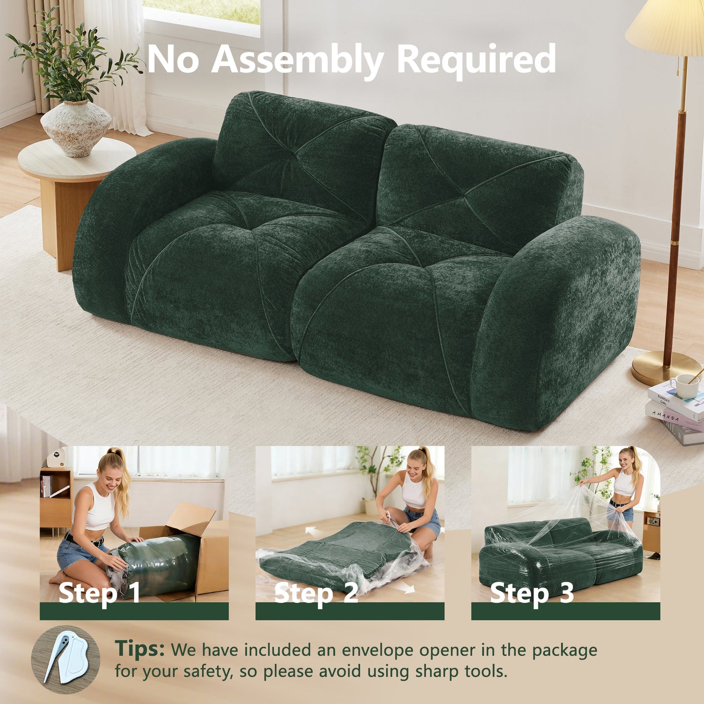 2-seater Tufted Sofa Couches With boneless Sofa,Soft Velvet Fabric,Bottom Anti-Slip Design,32D High Density Sponge,Ergonomic Design Bottom,No Assembly Required,Fits Living Rooms,Green image 4