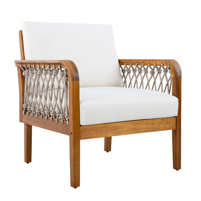 4-Piece Acacia Wood Outdoor Patio Furniture Set, All-Weather Conversation Sofa Set with Rope Woven Armrests, Removable Cushions for Backyard Garden,Teak finish+Oatmeal rope+Cream Beige cushion image 8