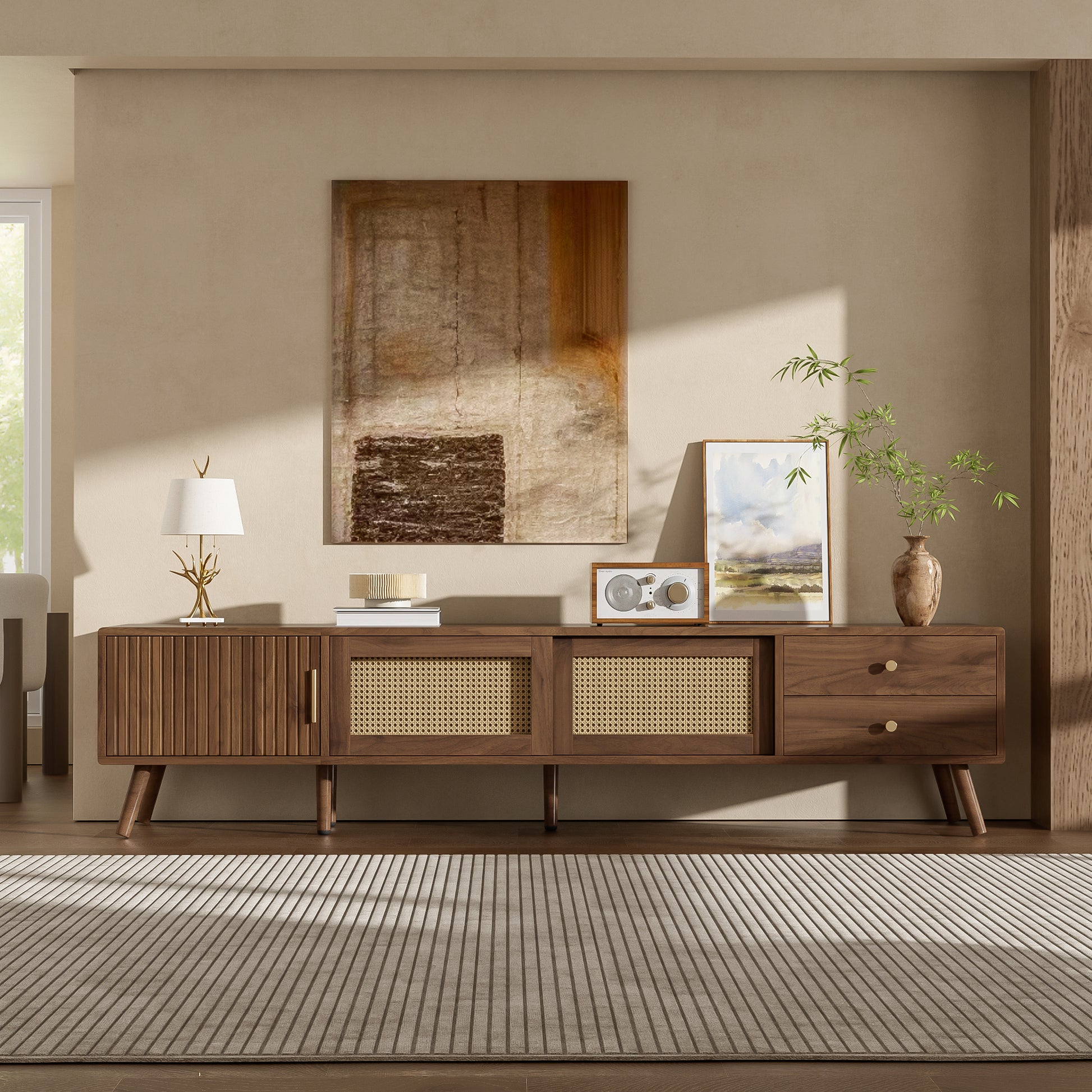 76" Modern Rattan Doors TV Stand for TVs up to 85 Inches, Wood-Grain Entertainment Center with Storage Cabinets, TV Media Console Table for Living Room, Bedroom image 1