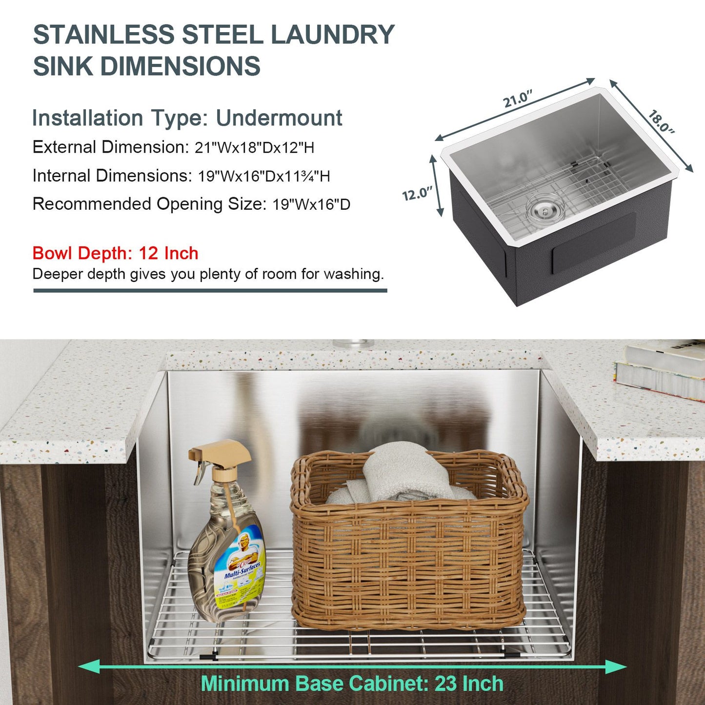 21"*18" Undermount 16-Gauge T304 Stainless Steel Deep Single Bowl Laundry Utility Sink Basin image 7