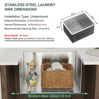 21"*18" Undermount 16-Gauge T304 Stainless Steel Deep Single Bowl Laundry Utility Sink Basin image 7
