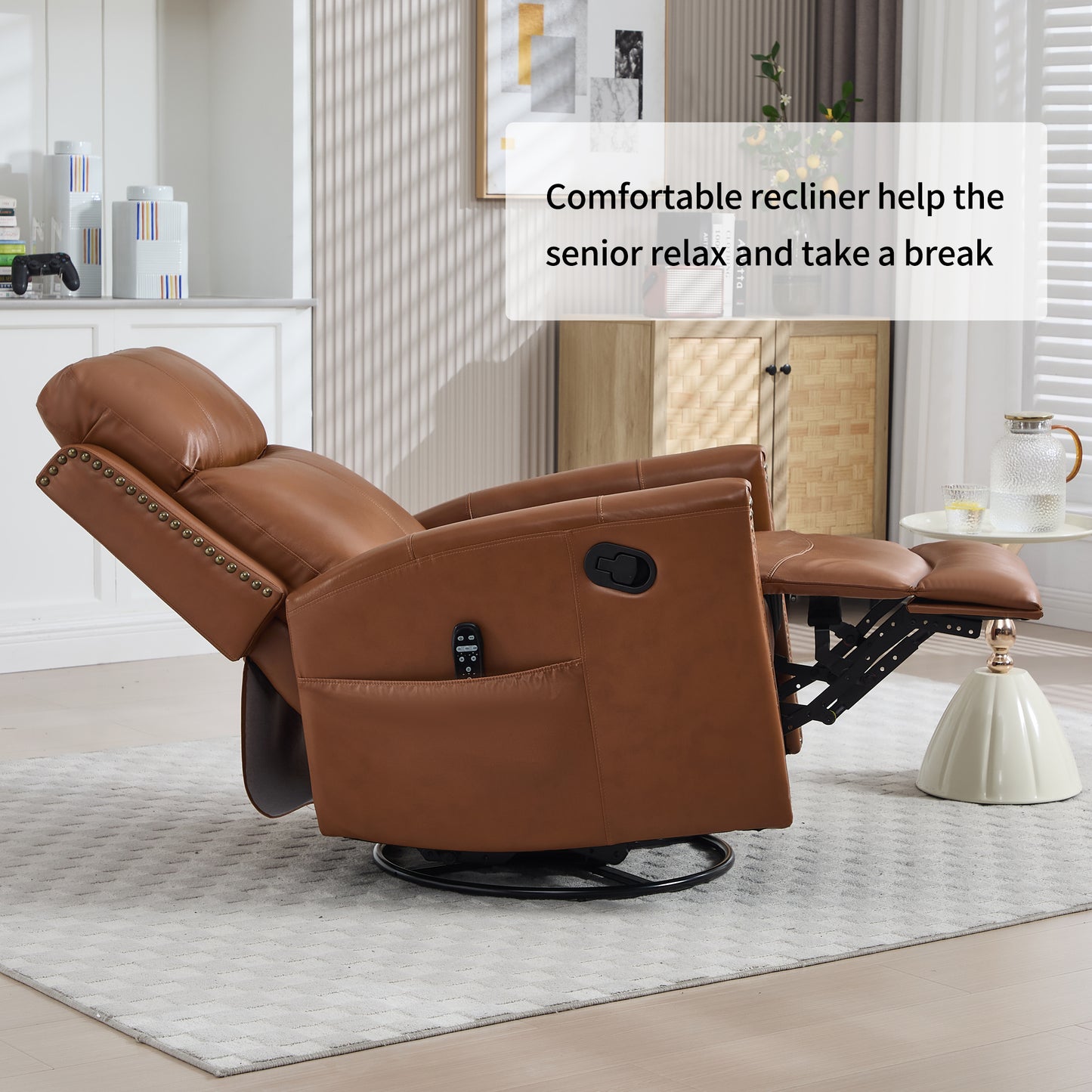 Deep Yellow Genuine Leather Heat Massage Manual Recliner Chair with Rocker and Swivel for Living Room image 11