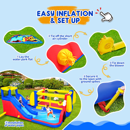7 in1 Inflatable Slide Water Park with Deep Water Pool Basketball Hoop Football Gate Water Cannon Climb Wall Bounce House for Kids image 6