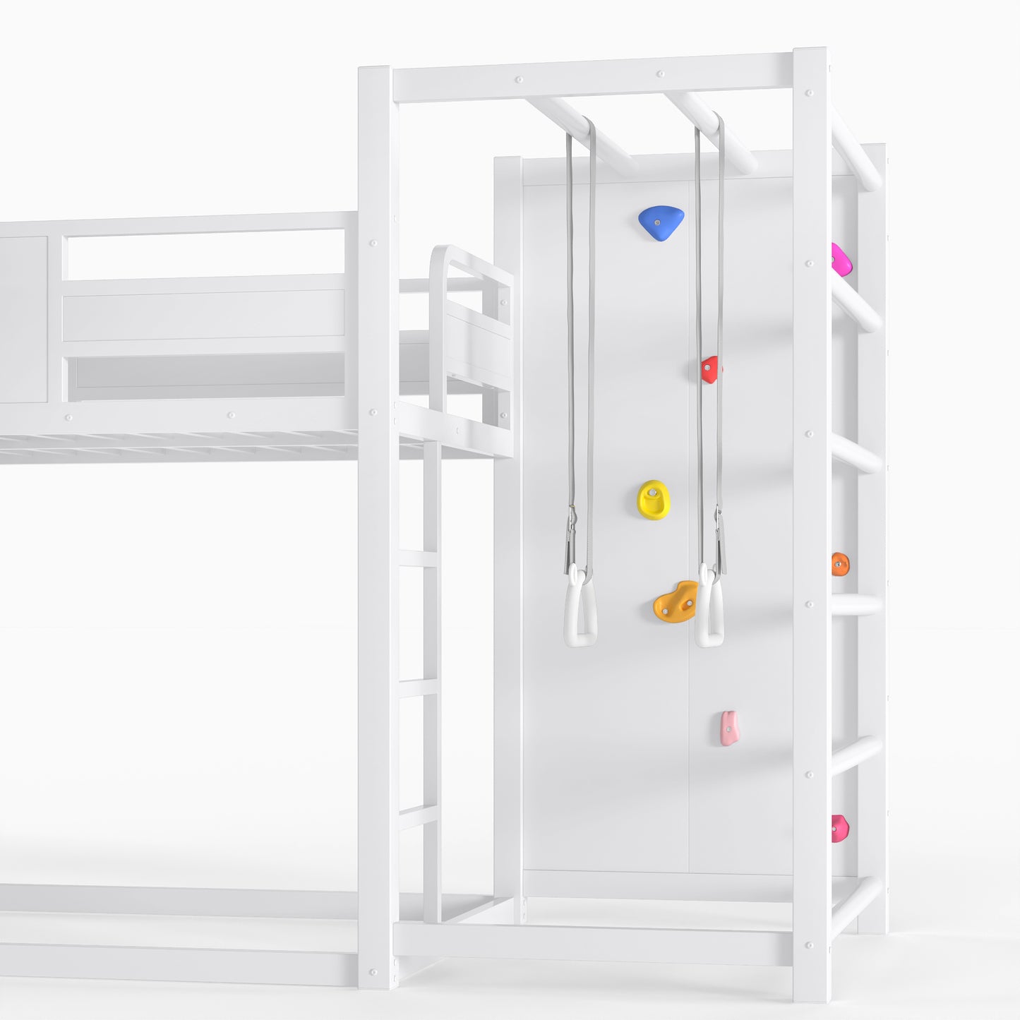 Twin size metal loft/bunk bed with basketball hoop, pull-up rings, climbing wall, and built-in bookshelves. Playful children's design featuring a slide,White image 11
