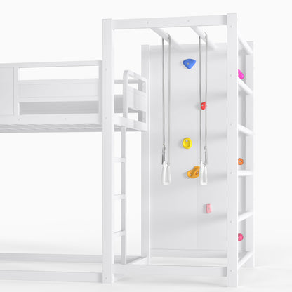 Twin size metal loft/bunk bed with basketball hoop, pull-up rings, climbing wall, and built-in bookshelves. Playful children's design featuring a slide,White image 11