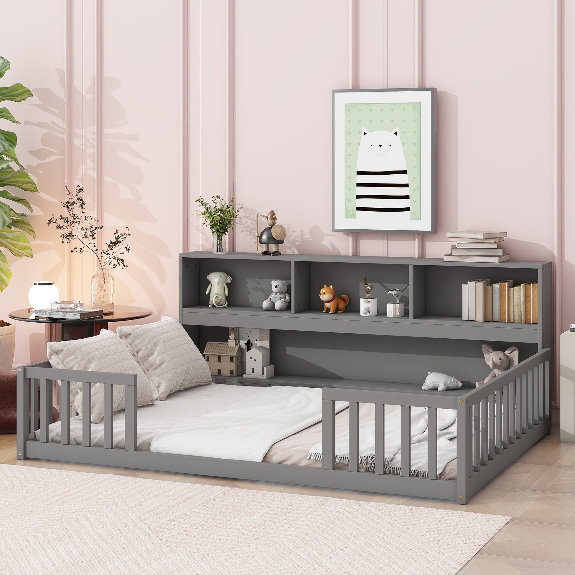Full Floor Bed with Side Bookcase,Shelves,Guardrails,Grey image 11