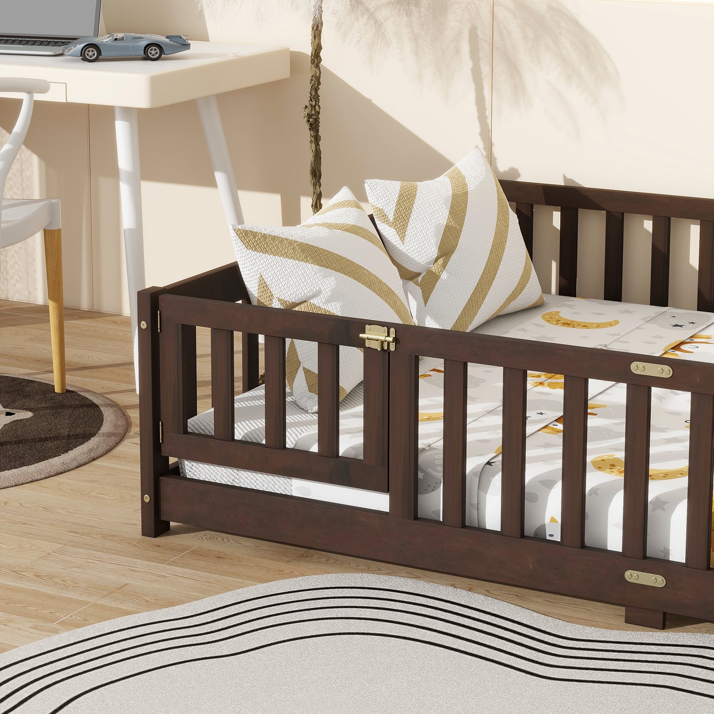 Full Size Floor Bed with Fence and Door,Rubber Wood Floor Bed with Safety Guardrails,Espresso (Old Sku W504P286381) image 8