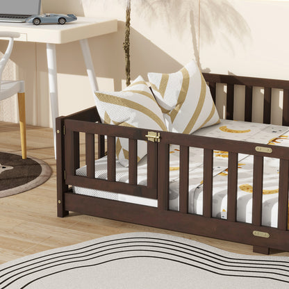 Full Size Floor Bed with Fence and Door,Rubber Wood Floor Bed with Safety Guardrails,Espresso (Old Sku W504P286381) image 8