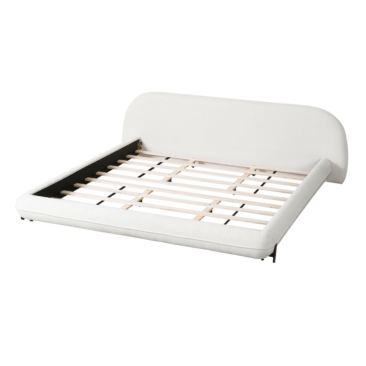 California King Size Bed Frame with Boucle Fabric, Upholstered Platform Bed with Curve-Shaped Design & Thick Headboard, White image 8