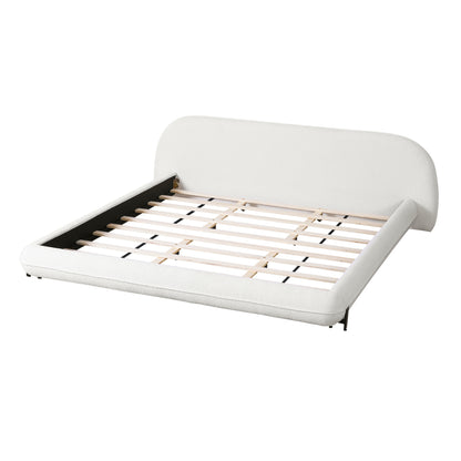 California King Size Bed Frame with Boucle Fabric, Upholstered Platform Bed with Curve-Shaped Design & Thick Headboard, White image 8
