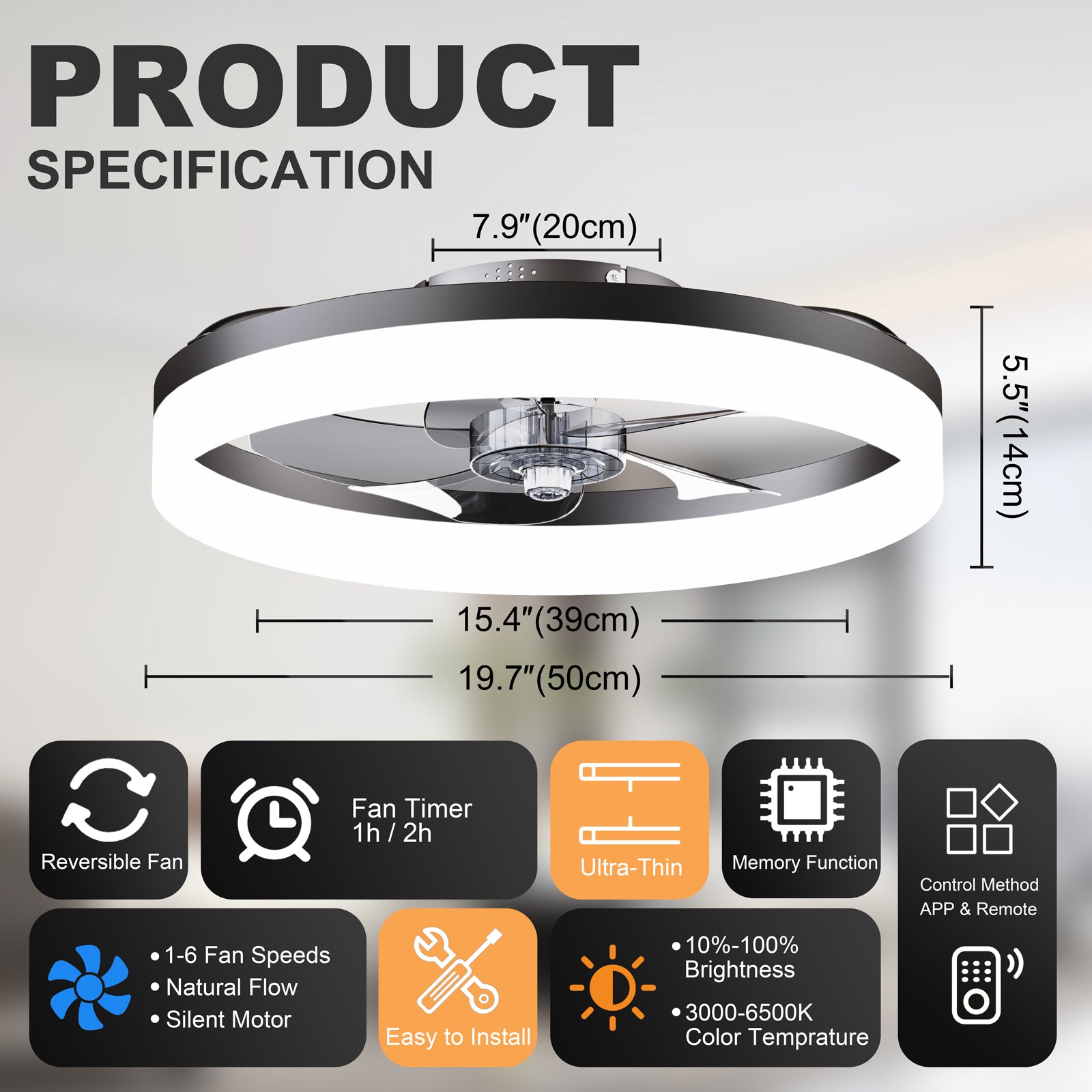 19.7'' LED Ceiling Fan Light with Remote & App Control, 6 Speeds, Dimmable, 3000K-6500K, Flush Mount BLACK Fandelier for Bedroom image 8