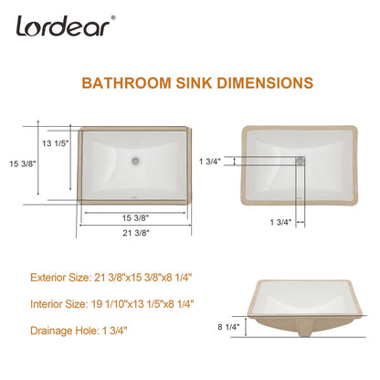 21.38-inch Rectangular Porcelain Ceramic Vessel White Under mount Single Bowl Bathroom Sink Lavatory Wash Hand Basin wit image 9