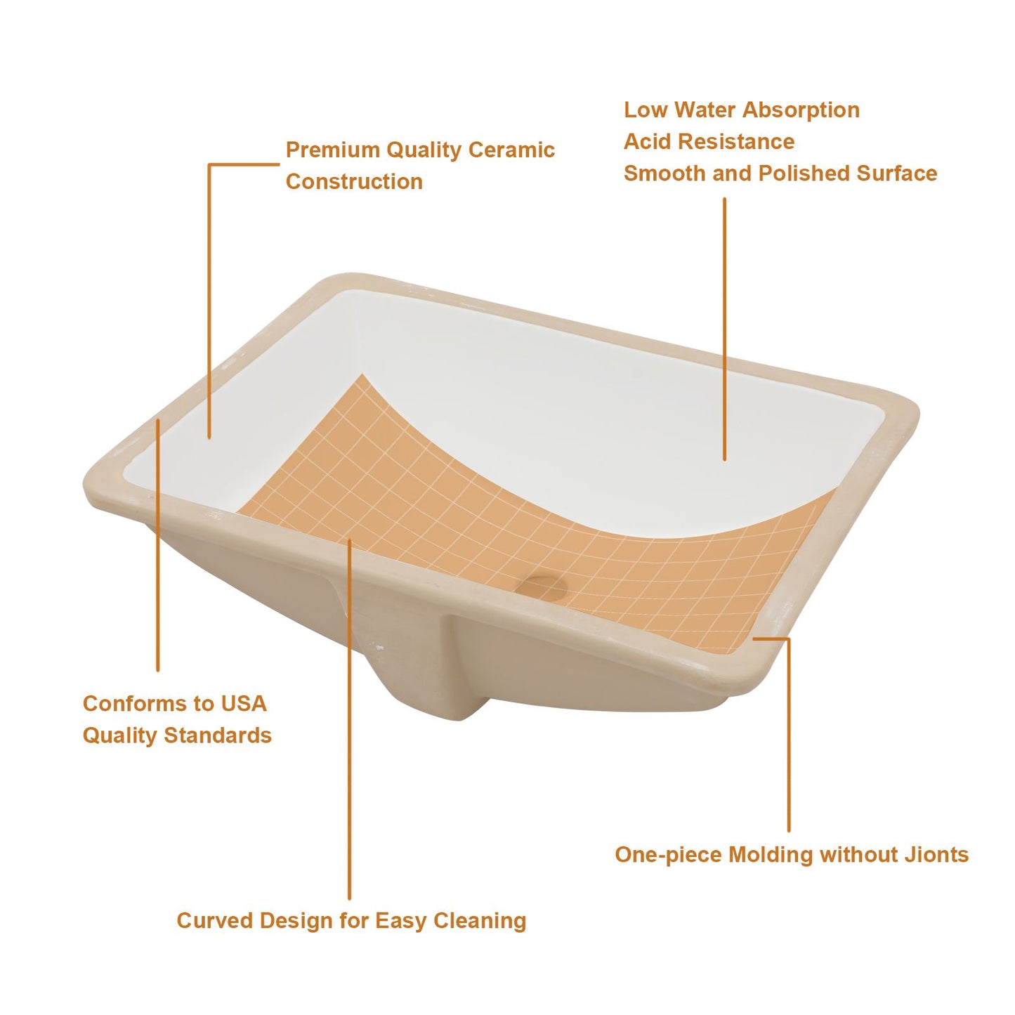 21.38-inch Rectangular Porcelain Ceramic Vessel White Under mount Single Bowl Bathroom Sink Lavatory Wash Hand Basin wit image 7
